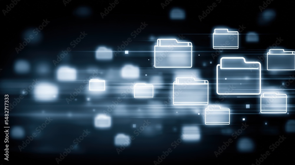 Poster abstract network grid with files and folders, futuristic software interface, digital document manage