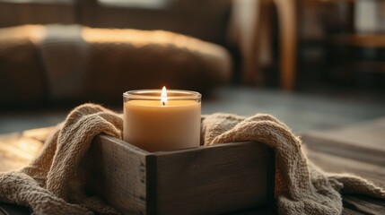 Lit Candle in Wooden Box Cozy Knitted Blanket Warm Home Decor Relaxation