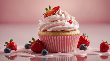 Tasty strawberry cupcake with light pink whipped cream frosting and fresh strawberry on top