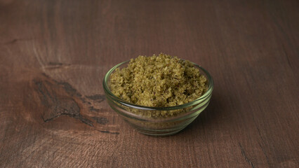 Coconut chutney in a bowl with raw coconut and green chilli ,Served with dosa, idli, vada
