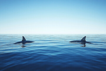 Naklejka premium Twin shark fins piercing the surface of a calm, endless blue ocean, creating visual intrigue