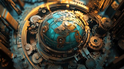 Fototapeta premium A Steampunk-inspired world trade scene, where gears and cogs form a mechanical globe, illustrating industrial-era global commerce reimagined with AI. 