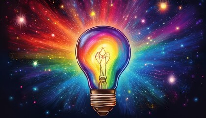 light bulb emitting rainbow colored light rays against a star filled sky symbolizes innovation creativity and bright ideas
