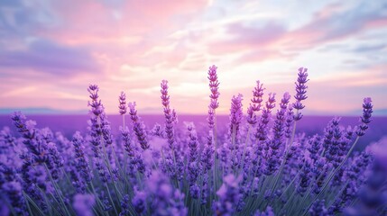 lavender field under pastel-colored skies at dusk, with soft pink and purple tones blending seamlessly