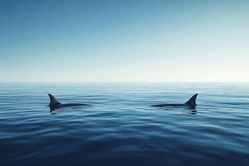 Fototapeta premium Serene ocean scene showcasing two orca fins breaking the water surface