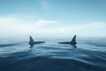 Naklejka premium Two Orcas Gracefully Swimming in the Vast, Serene Waters Under a Pastel Sky