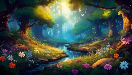 an artful depiction of a tranquil woodland scene with blooming flowers