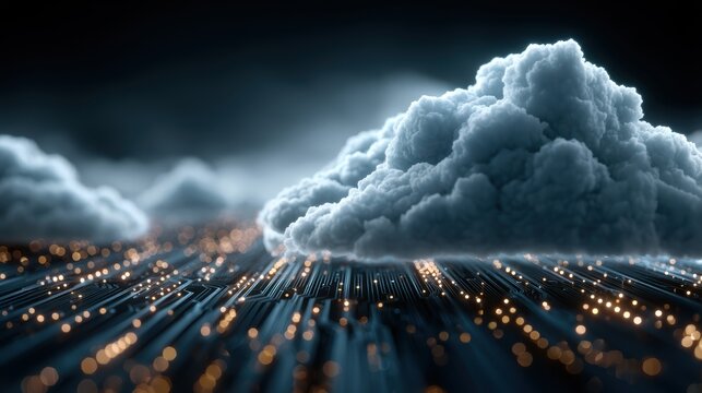 Close-up of AI systems processing vast amounts of digital data in a secure cloud computing environment