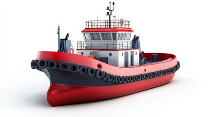 Fototapeta premium A tugboat clipart, port assistance element, 3D illustration, navy and red, isolated on white background