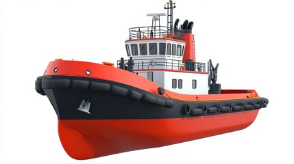 Fototapeta premium A tugboat clipart, port assistance element, 3D illustration, navy and red, isolated on white background