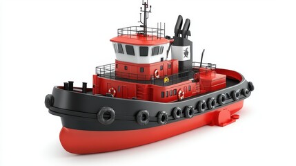 Fototapeta premium A tugboat clipart, port assistance element, 3D illustration, navy and red, isolated on white background