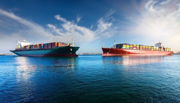 two large cargo ships with colorful containers docked in calm waters under bright sky