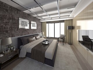 Mock up of an exclusive bedroom with a fashionable comfortable bed and stylish decorative background, 3D rendering.