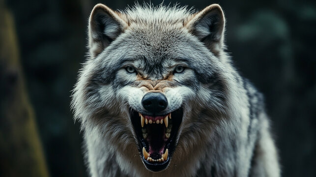 A Majestic and Ferocious Gray Wolf Baring Its Teeth in a Threatening Display - Powered by Adobe