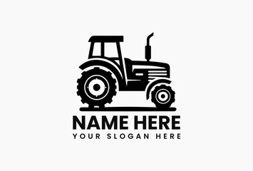 Minimalist black silhouette of antique farm tractor with oversized wheels on pure white background. Rural life concept