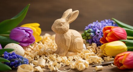 Wooden Rabbit Carving with Flowers and Wood Shavings