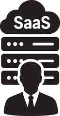 Silhouette vector of SaaS cloud server with data storage and network icons, ideal for IT, software, and cloud computing themes.