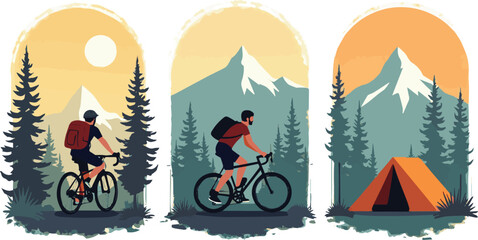Create a Mountain adventure, travel and tour set. Retro style posters with cyclist riding bike, hiker and tourist near camping tent. Outdoor activity concept. Vector illustration with white background