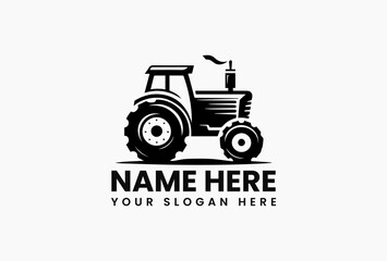 Black and white silhouette of old-fashioned agricultural tractor with prominent wheels on clean background. Farming history concept