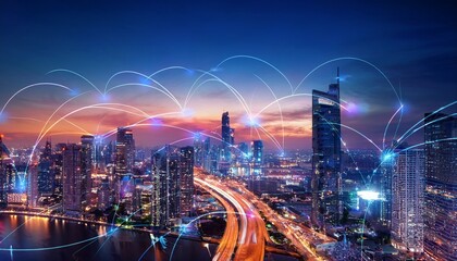 stunning skyline of futuristic smart city s et showcasing tall buildings illuminated by city lights sky is filled with vibrant colors and network of digital connections is visible