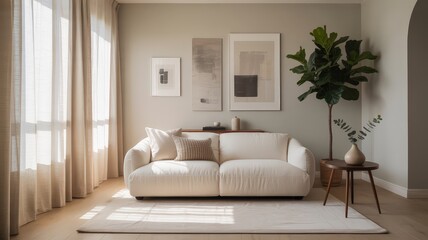 Minimalist Living Room With Cozy White Sofa and Natural Light Reflecting Through Sheer Curtains