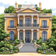 Fototapeta premium Grand Yellow Mansion with Lush Gardens