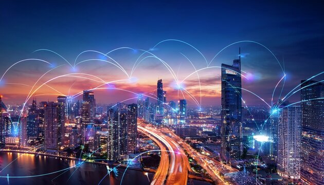 stunning skyline of futuristic smart city s et showcasing tall buildings illuminated by city lights sky is filled with vibrant colors and network of digital connections is visible