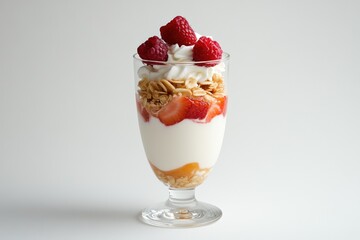 Beautiful layered dessert with yogurt, fruits, and granola on white background