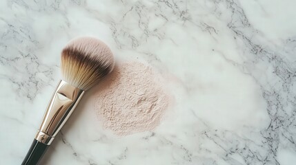 makeup brush and delicate loose powder, framed against the clean elegance of marble