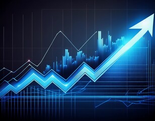 Fototapeta premium a blue stock market chart or financial graph with an arrow pointing up and a rising line on a dark