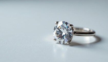 Close-up shot of a sparkling diamond ring on a white background , brilliance, close up