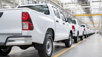 New white pickup trucks in a row, inside a car assembly factory, ready for delivery to dealerships.