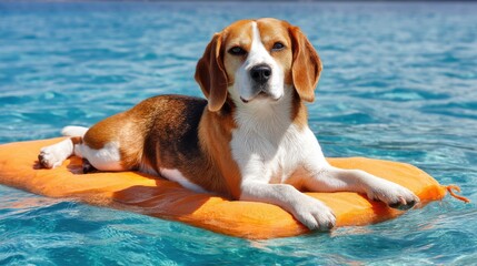 A Beagle dog relaxing on an orange float in blue water, enjoying a sunny summer day at the pool or sea.