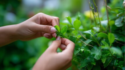 Hands gently picking fresh green leaves in a lush garden during daylight
