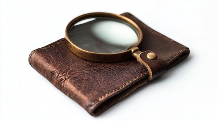 foldable pocket magnifier with a leather casing, carefully arranged on a pure white background