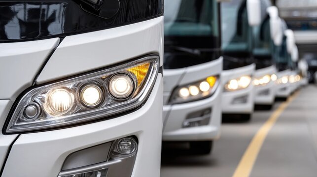 Close-up of bright headlights on a white coach bus, other buses blurred in the background in a row.