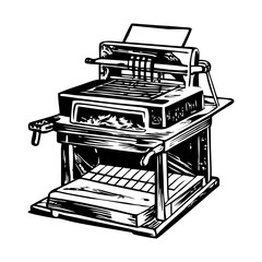 A vintage style illustration of a printing press machine