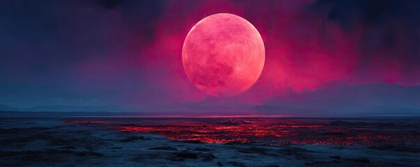 Red moon behind black clouds with eerie flames at night concept. A stunning landscape featuring a vibrant red moon at dusk.