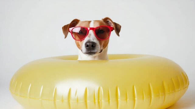 Inflatable circle with a dog in sunglasses set against a white background. Isolated.