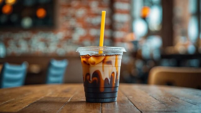 Close-up of a plastic takeaway cup filled with iced coffee.
