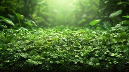 Verdant ground cover in sunlit forest. Lush scenery