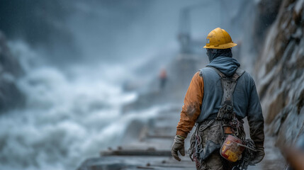 a man in a yellow jacket and orange helmet walking up a waterfall side path with a backpack on his back