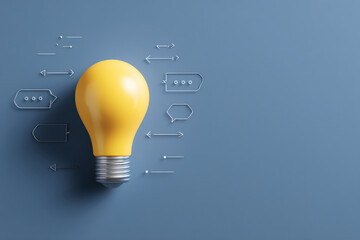 Yellow lightbulb on blue background, surrounded by white arrows and speech bubbles, showcasing idea generation, communication, and process flow, ideal for business concepts