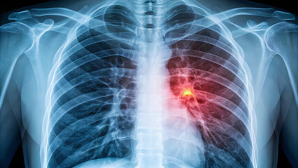 Detecting cancer concept ,Lung X ray with highlighted tumor area shows detailed anatomy and potential health concerns