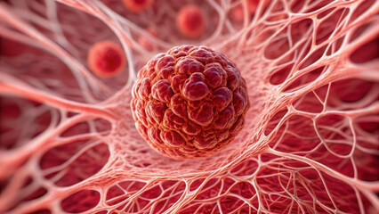 Detecting cancer concept ,Microscopic view of tumor cells surrounded by blood vessels, showcasing intricate details