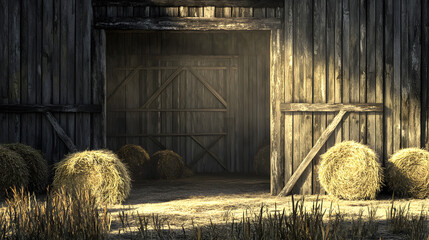 Rustic Barn With Wooden Textures And Hay Bales In Peaceful Countryside Scene.