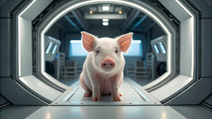 Pigs Genetic concept ,pig in futuristic incubator setting, showcasing advanced technology and innovation