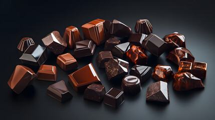 Assortment Of Dark Chocolate Pieces With Glossy Finishes On Dark Background.