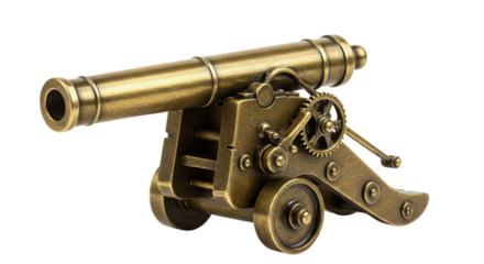 Antique Bronze Miniature Cannon Model with Gears Isolated on White Background