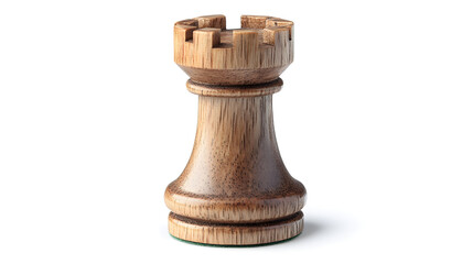 Chess Rook Piece With Modern Wood Texture And Sharp Clean Lines On White Background.